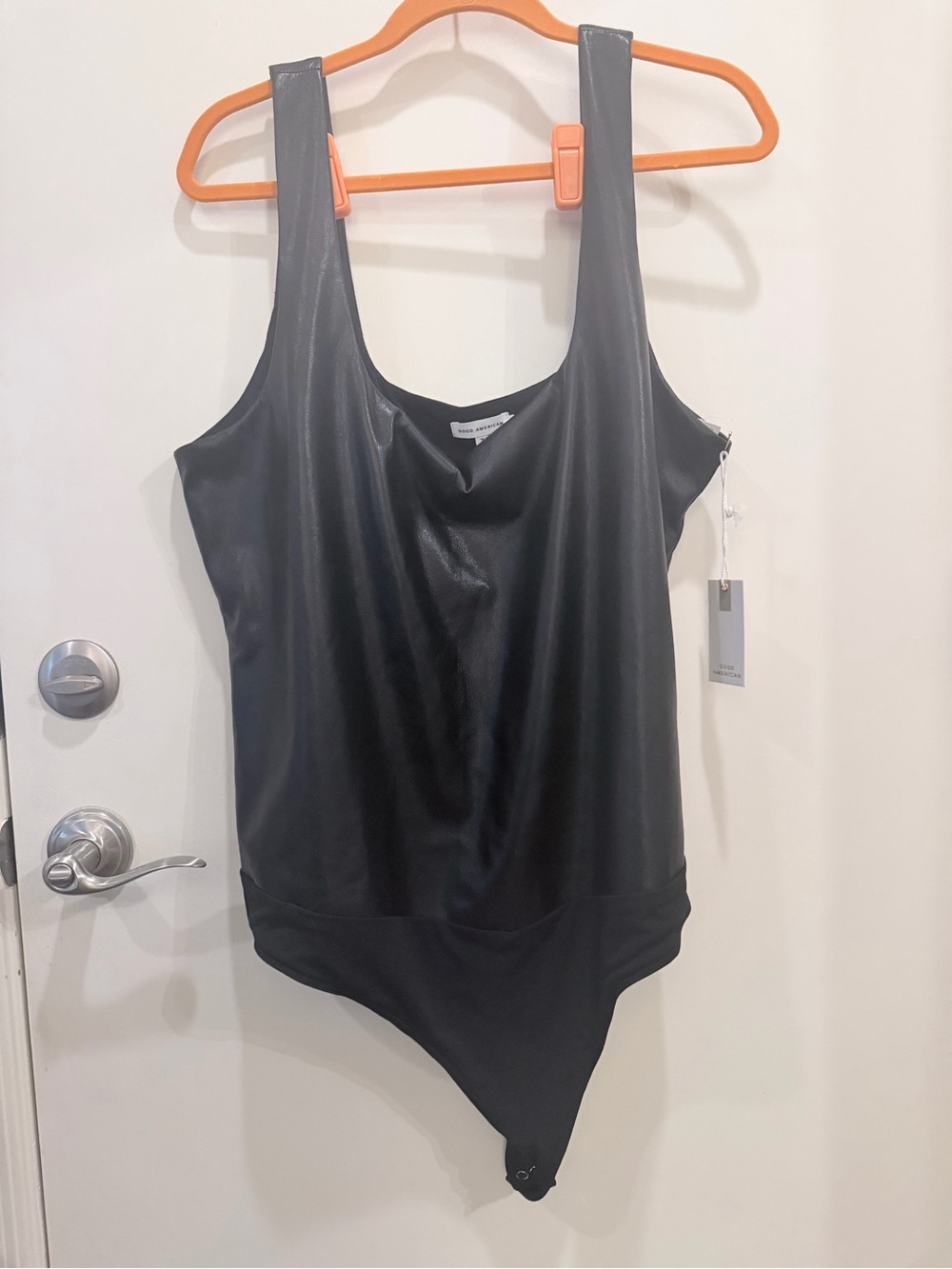 Good American Black Faux Leather Scoop Neck Bodysuit